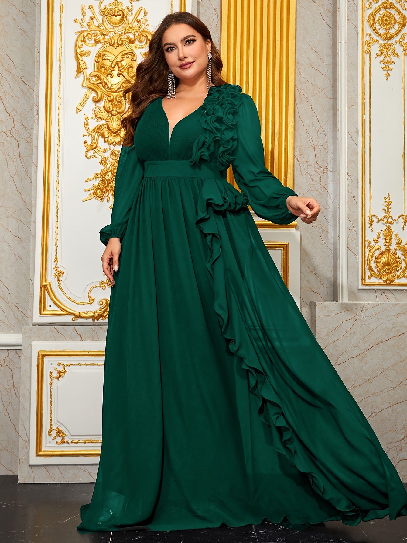 Платье большого размера из зелёного шифона с 3D кружевными фонарными рукавами для торжественных мероприятий