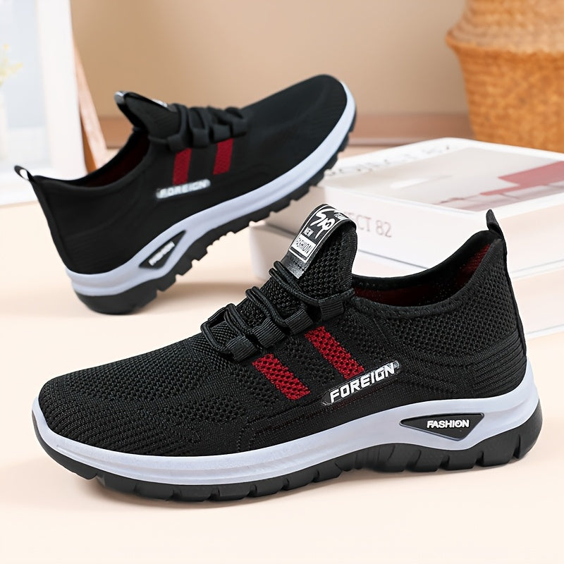 Women's Breathable Knitted Sports Shoes Black Red Stripes All Seasons