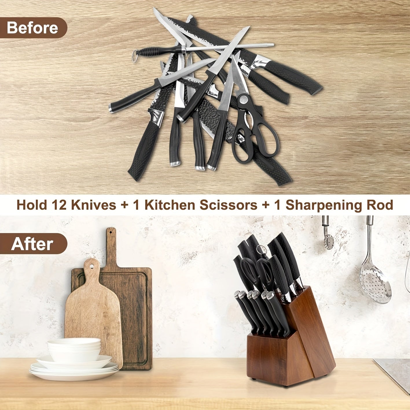Large Wooden Bamboo Knife Block Organizer, 14 Slot Countertop Storage