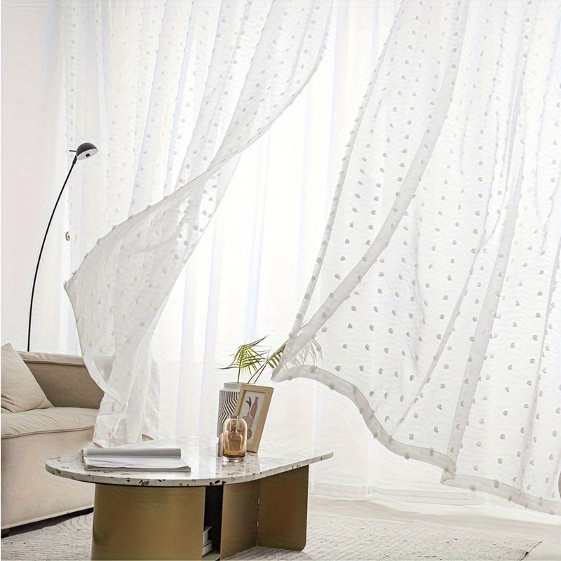 White Sheer Curtain with Grommet Top and Pom Pom Tufting 213cm for Bedroom Living Room Office