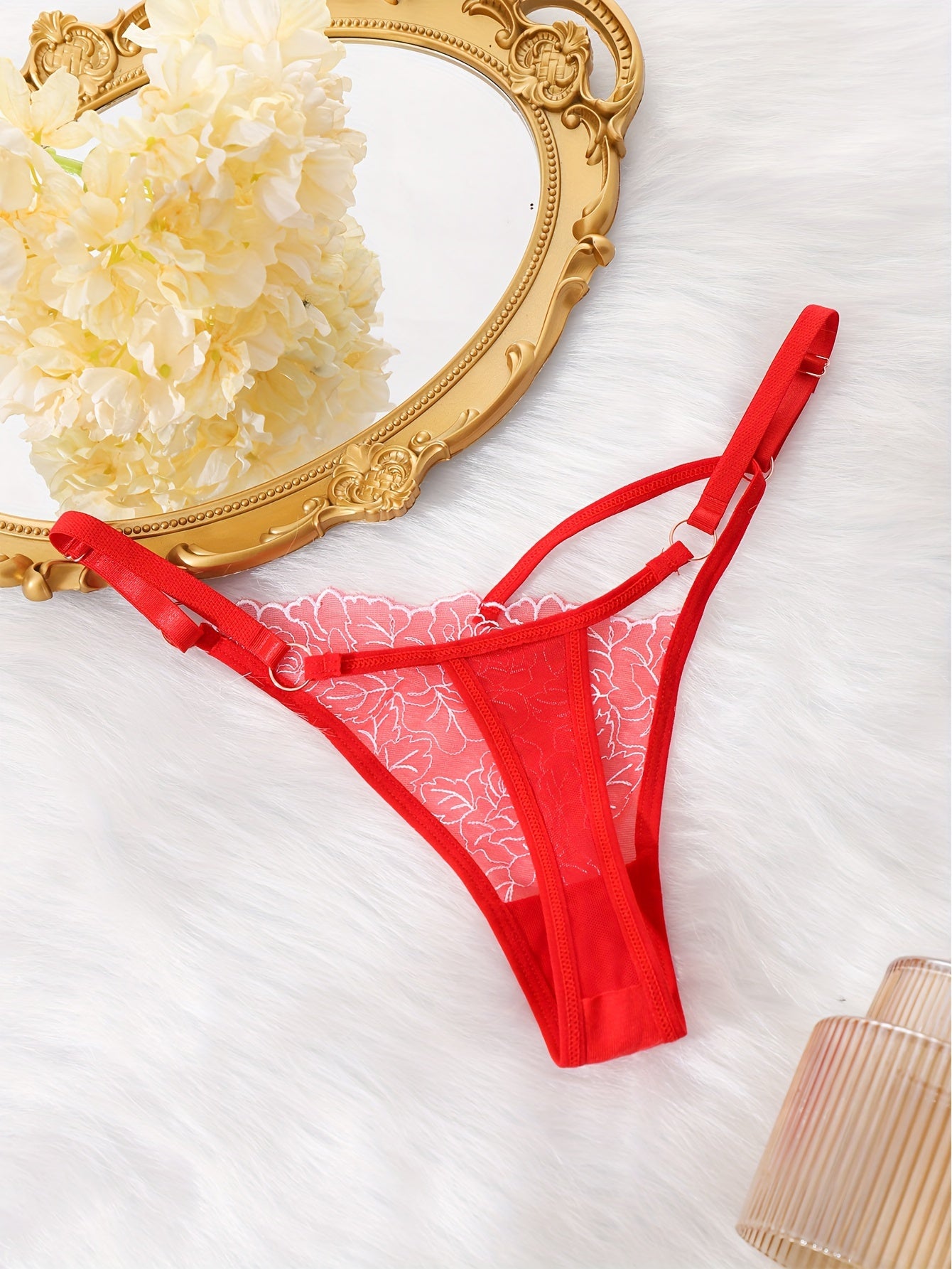 Lingerie Lace Thong with Adjustable Belt Hollowed-Out Waist Sheer Details for Nightclub