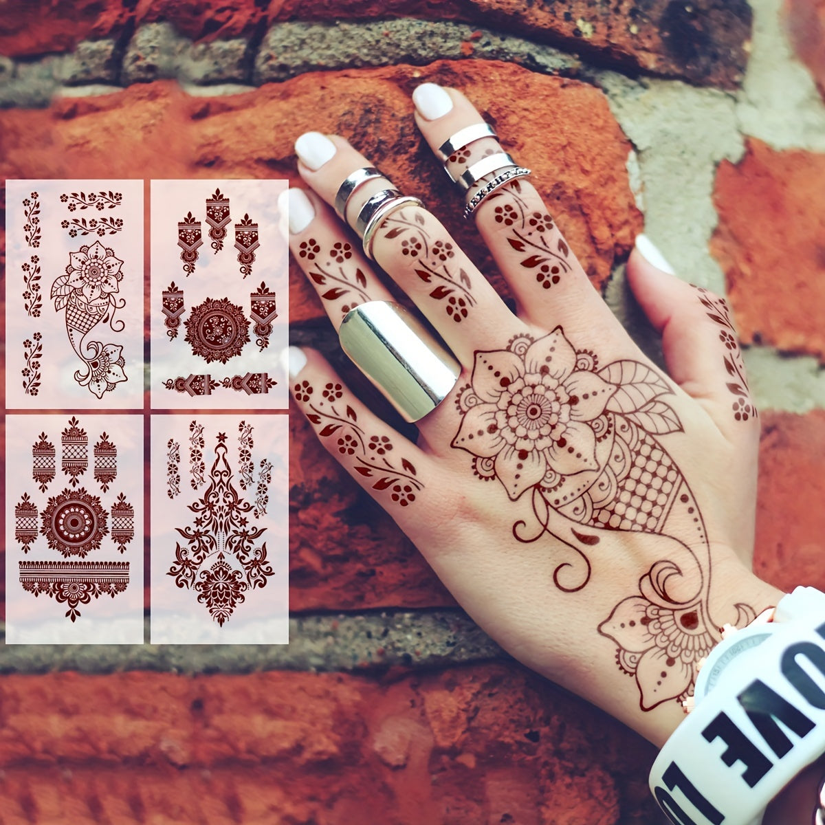 4-Pack Red Henna Lace Floral Pattern Temporary Tattoos for Hand and Body