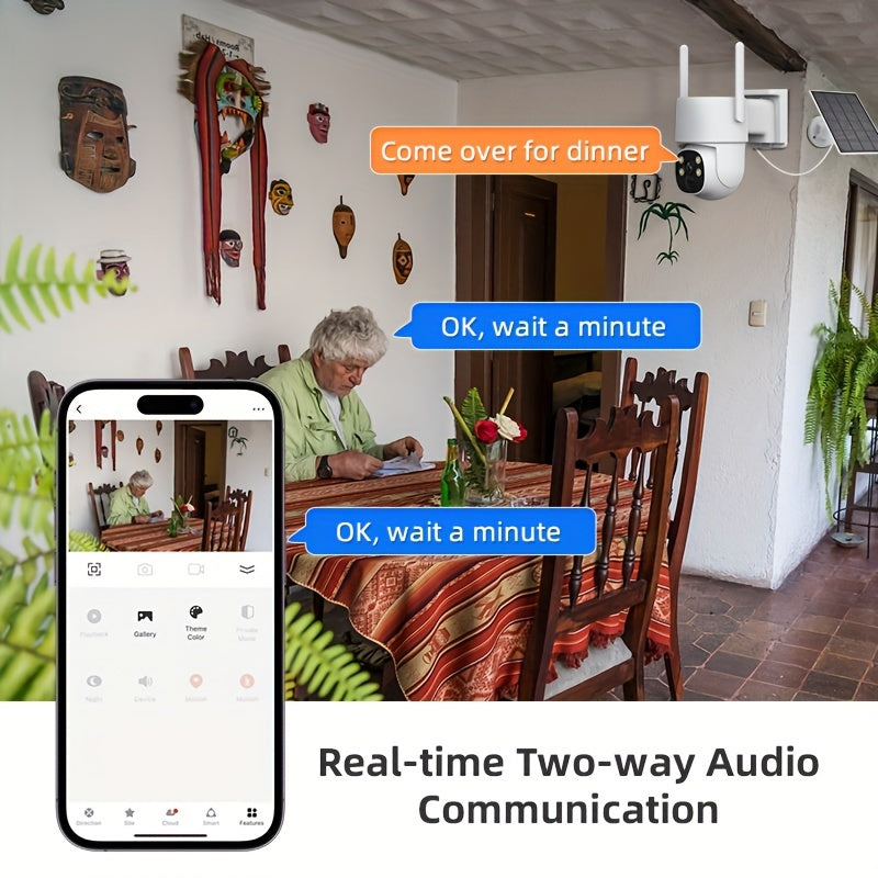 Ulanmagan quyosh energiyali xavfsizlik kamerası 1440p 360° ko‘rish kechqurun ko‘rish harakatni aniqlash PTZ suv o'tkazmaydigan