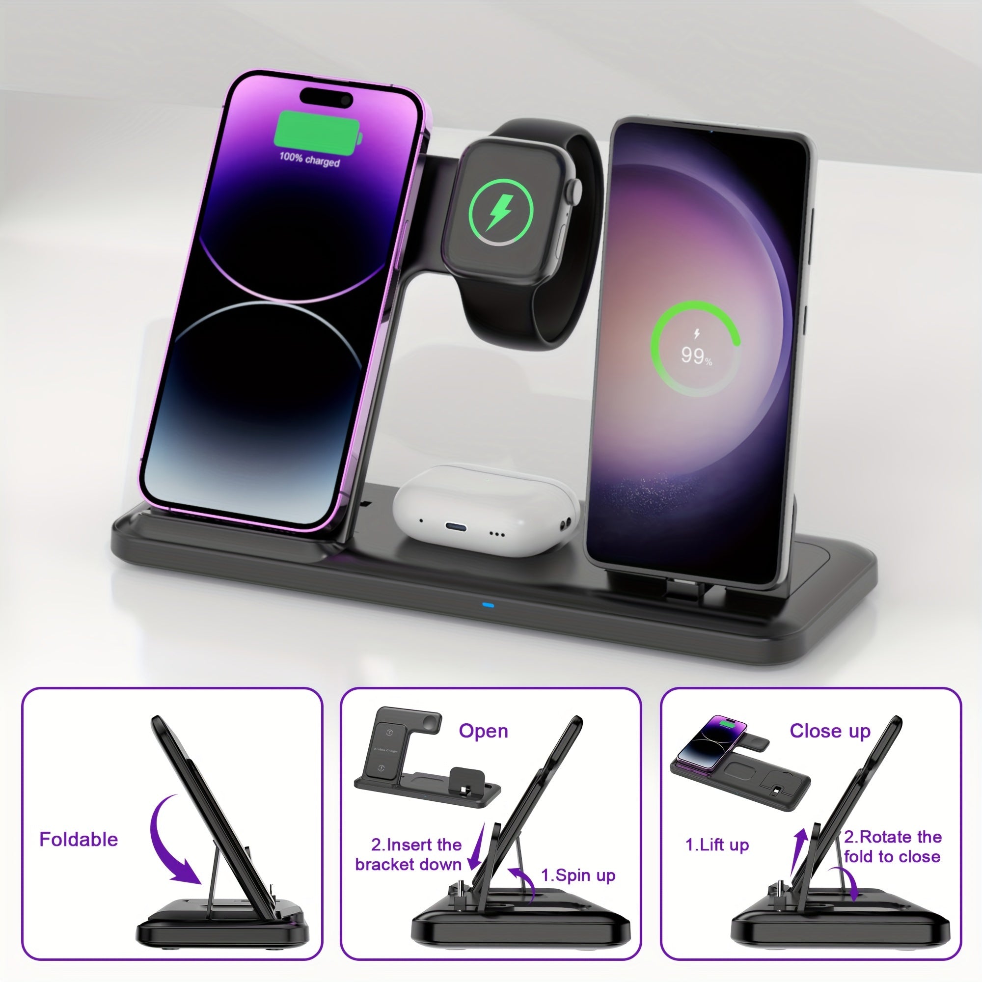 4-in-1 Wireless Charging Station for Samsung Galaxy iPhone iWatch AirPods Fast Charging USB Type-C
