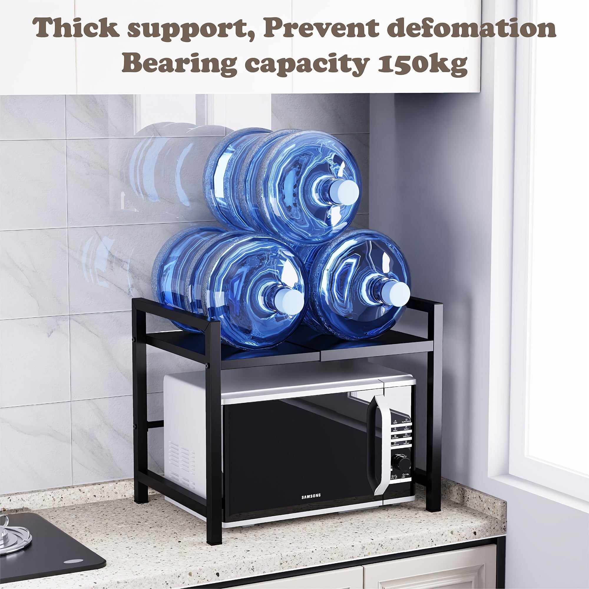 Expandable Microwave Shelf with Hooks Black Metal Adjustable Kitchen Organizer