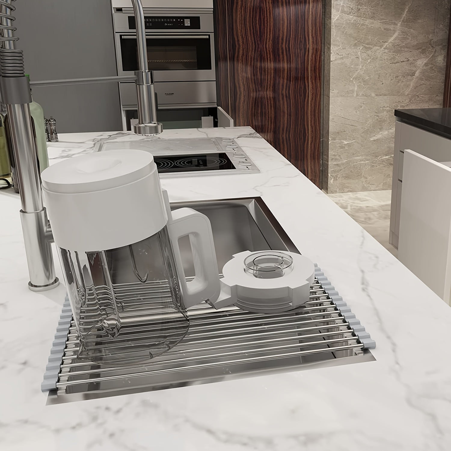 Large Grey Stainless Steel Silicone Heat Resistant Non-Slip Dish Drying Rack with Sink Drain