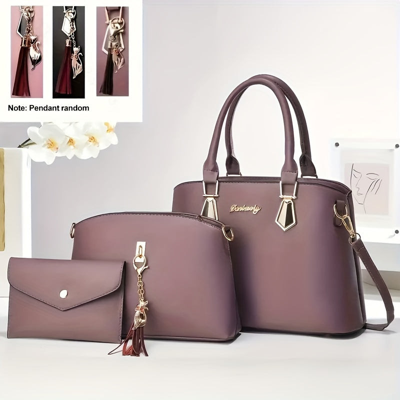 Women's 3-Piece Faux Leather Handbag Set with Tassel Crossbody Tote and Sling