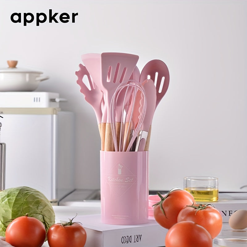 12-Piece Non-Stick Silicone Kitchen Utensil Set with Wooden Handles Heat-Resistant Durable Safe for Cooking and Baking