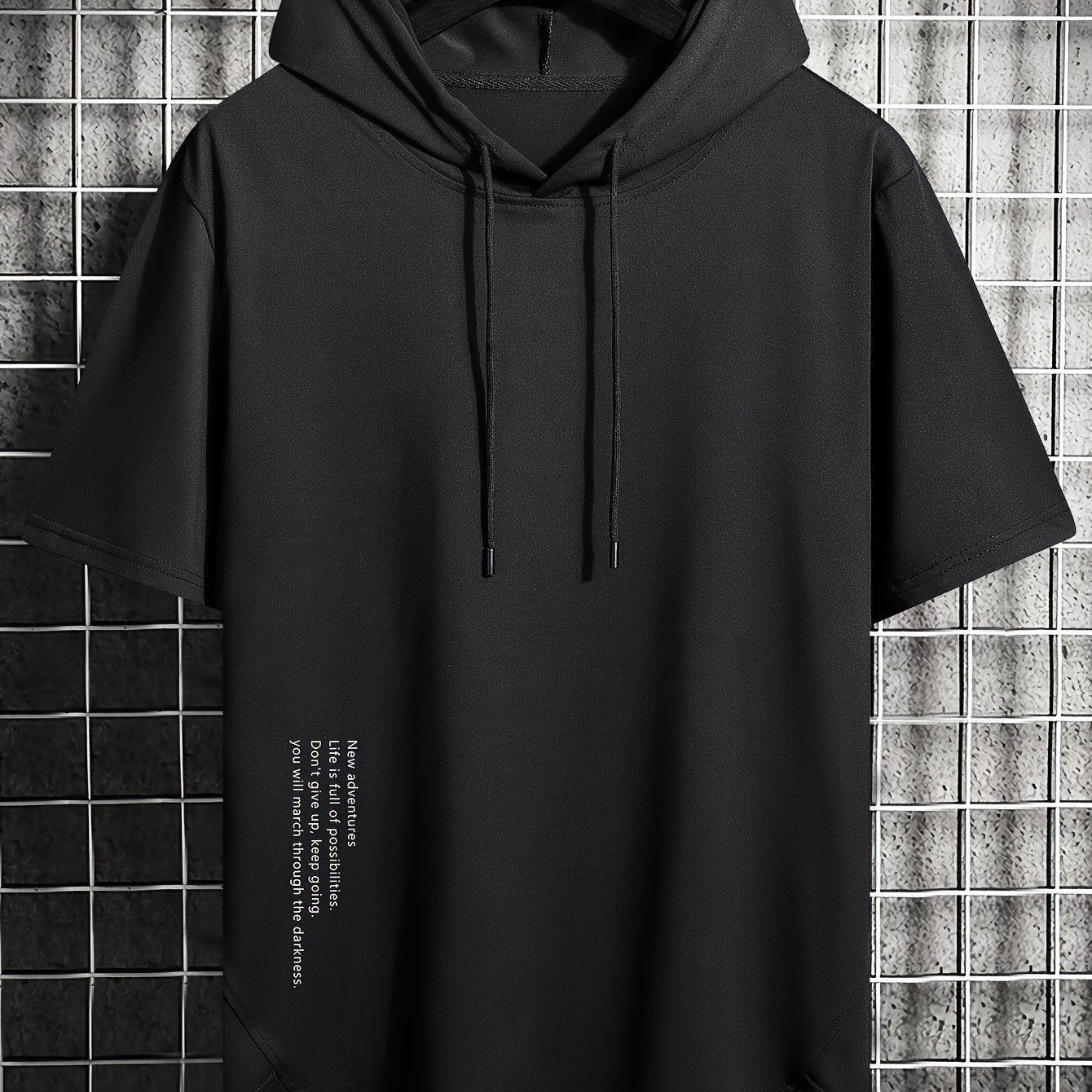 Men's Summer Casual Hooded T-Shirt with Asymmetrical Alphabet Print Short Sleeve Knit Fabric