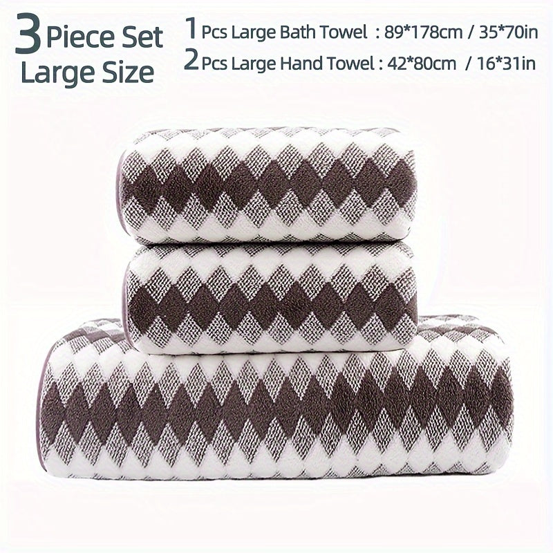 Plaid Pattern Towel Set Coral Velvet 2 Bath Towels 1 Hand Towel Absorbent