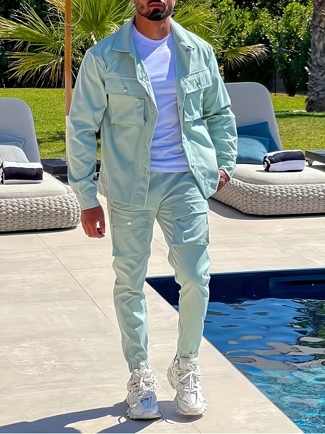 Men's Polyester Suit Set with Lapel Collar and Pocket Details for Casual, Hiking, and Outdoor Wear