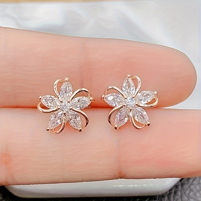 Women Rose Gold Cubic Zirconia Flower Stud Earrings Daily Gift