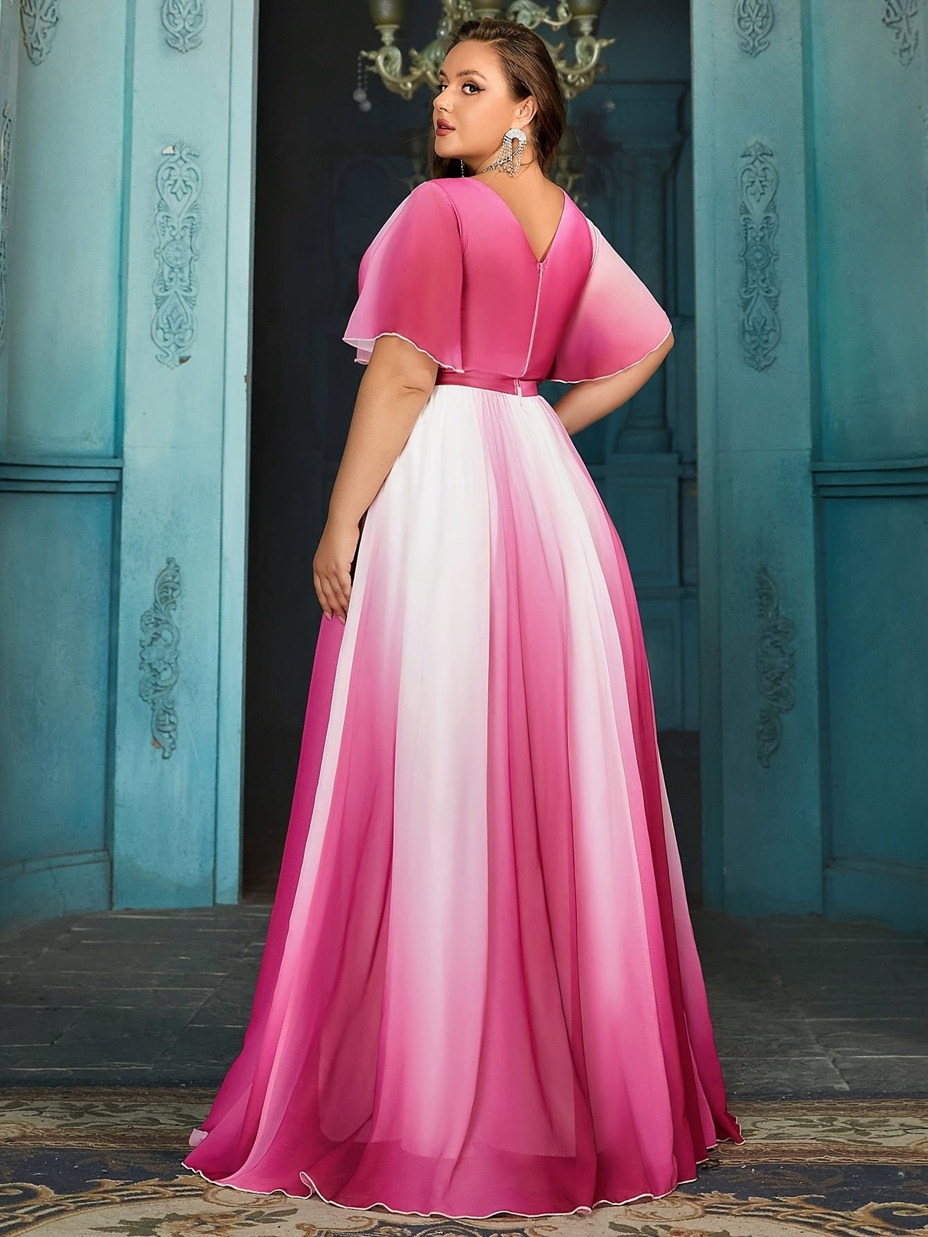 Plus Size V-Neck Short Sleeve Chiffon Evening Dress with Slit and Ruching