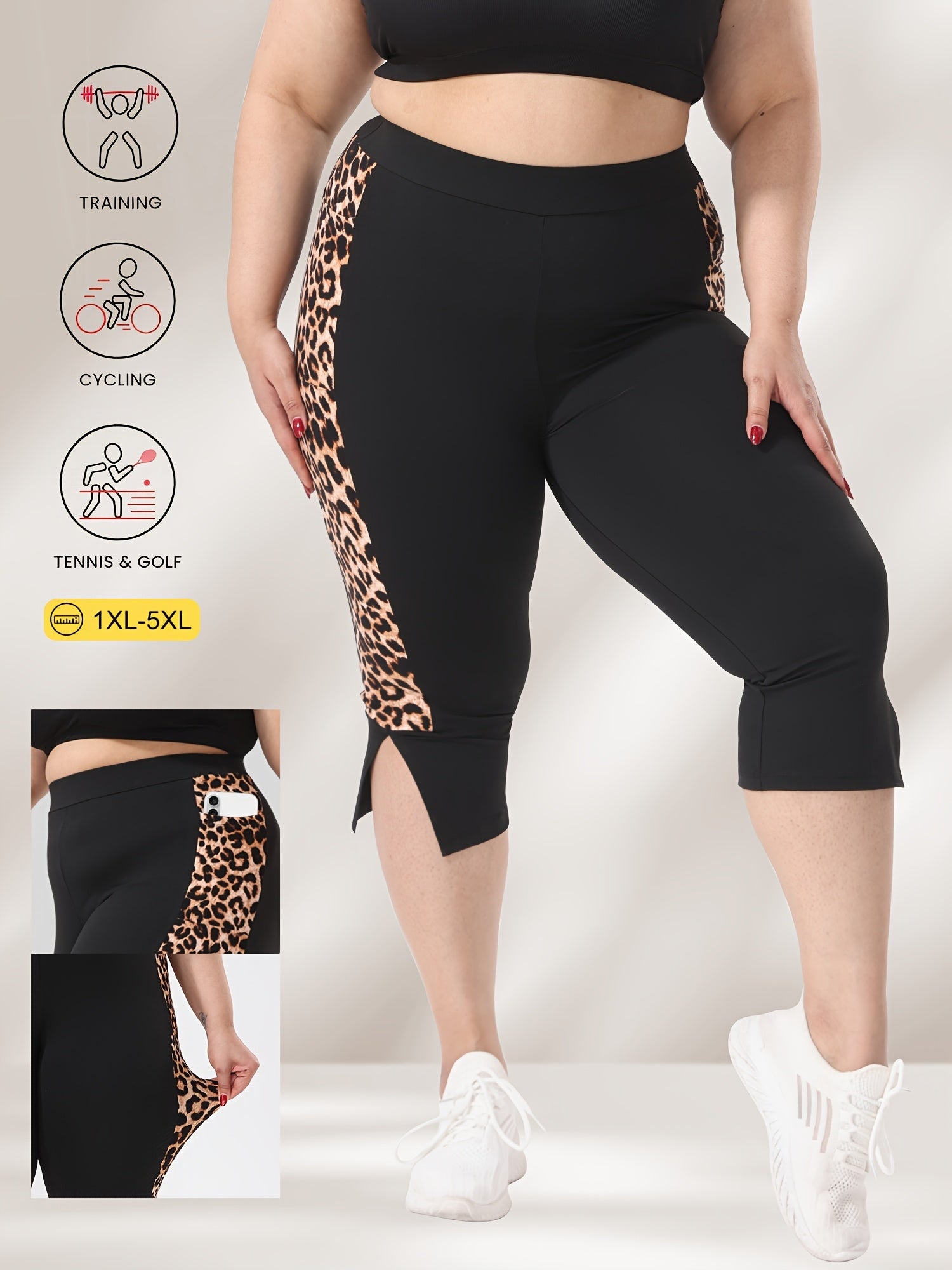 Plus Size High-Waisted 7/8 Leggings with Leopard Print Cuffed Ankle Slits