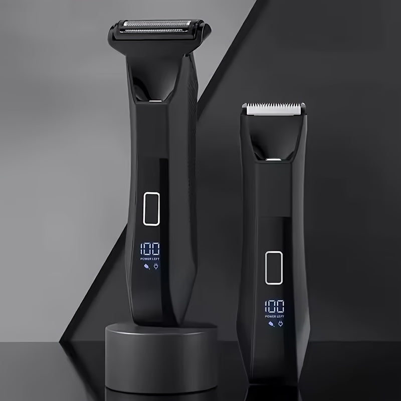 Dual-head body hair trimmer groin shaver stainless steel blades LED display USB rechargeable lightweight travel lock 60+ min runtime