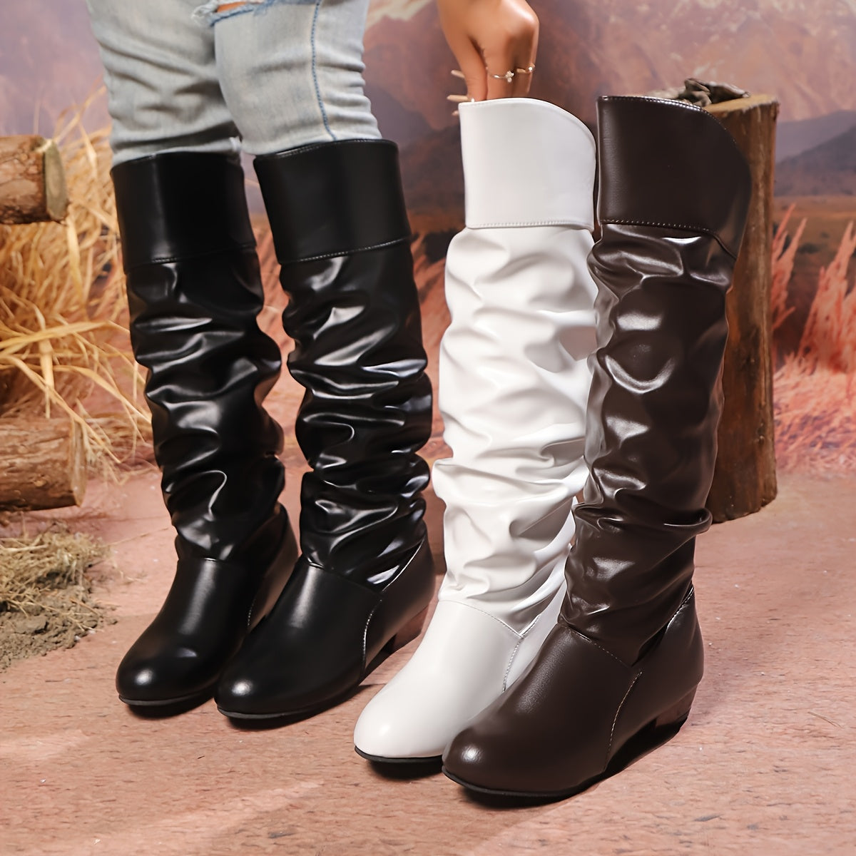 Women's Solid Color Chunky Heel Knee High Boots Slip-On Dress Shoes