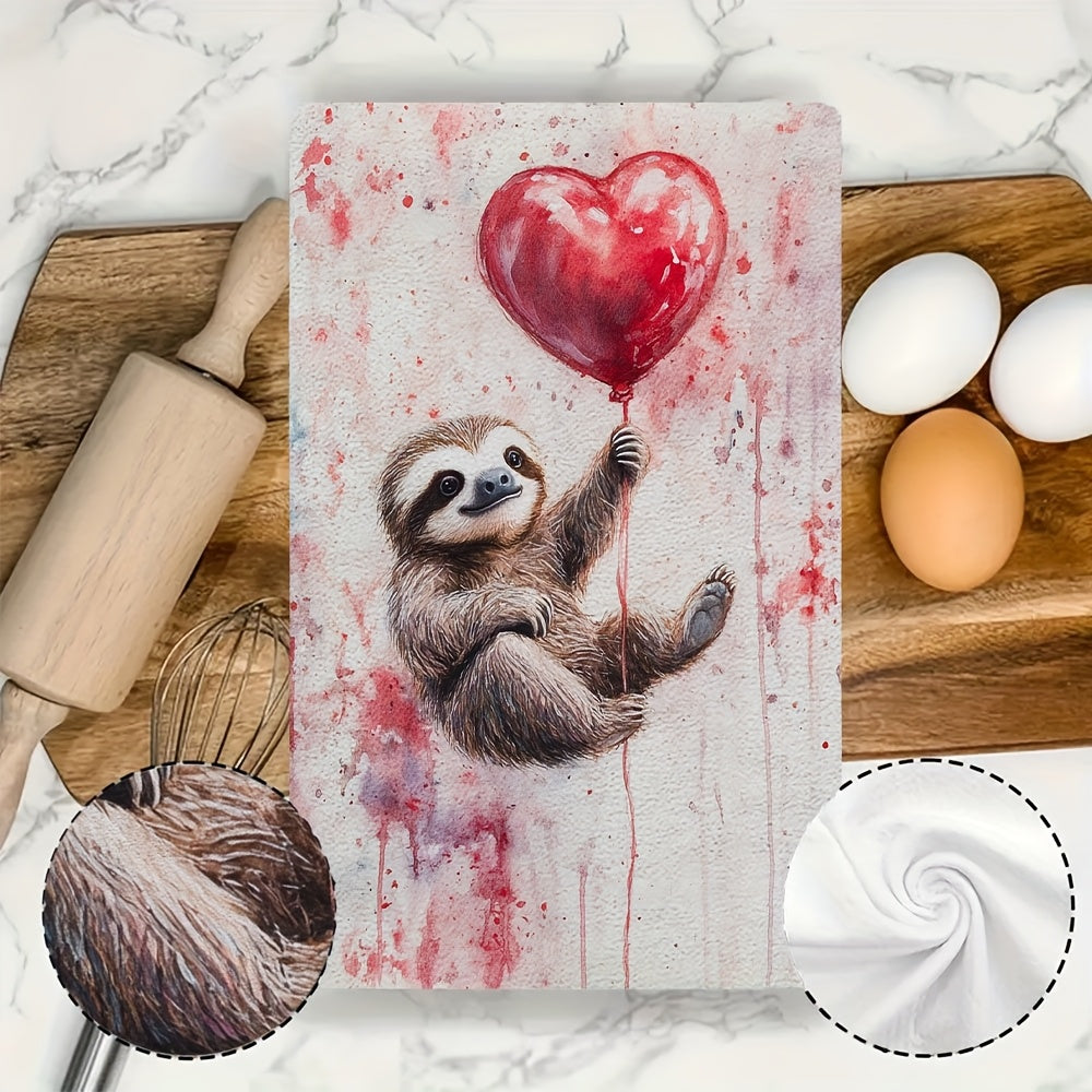 Set of 2 Ultra-Soft Absorbent Kitchen Towels Valentine’s Day Sloth Design 40x60 cm