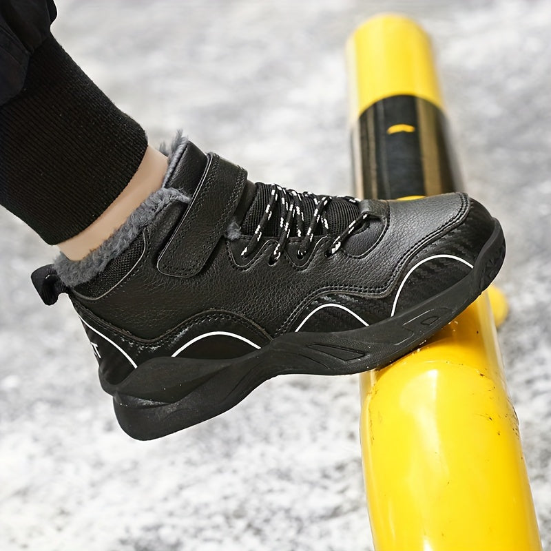 Kids Winter Basketball Sneakers High-Top Fleece-Lined Non-Slip Casual Outdoor Black White