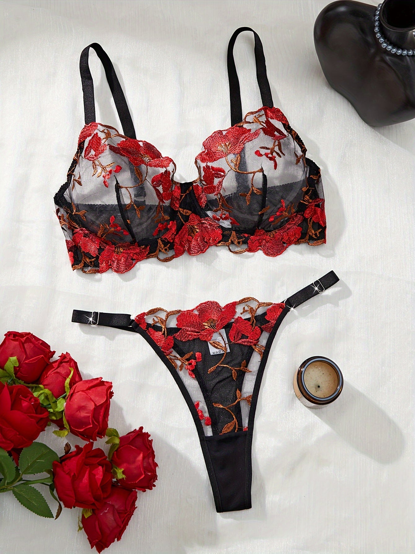 Plus-Size Floral Mesh Embroidered Lingerie Set for Adults
