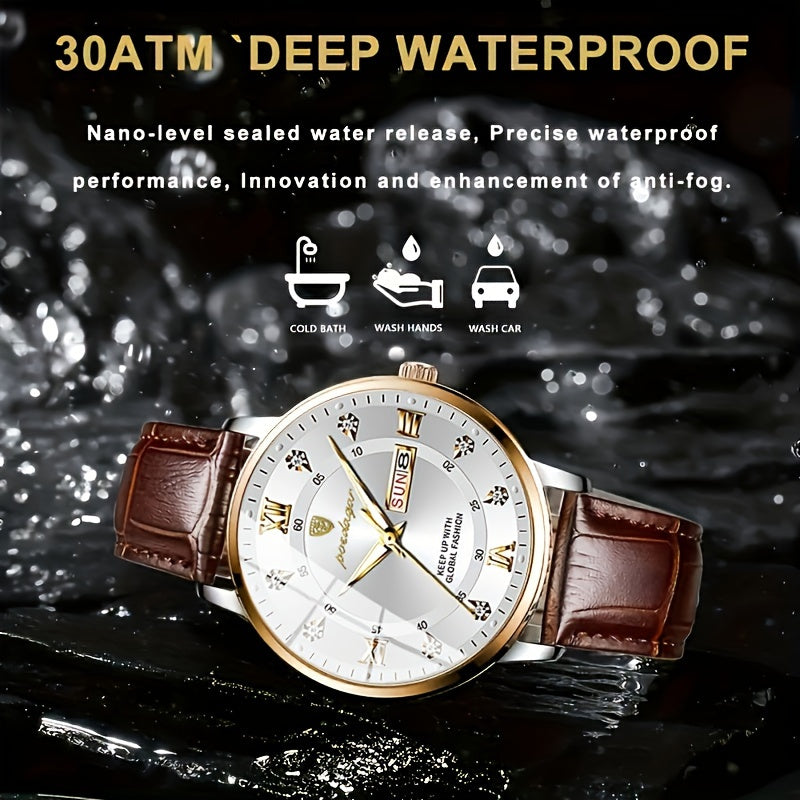 Men's Business Casual Quartz Wristwatch with Date Luminous Hands Alloy Case Faux Leather Strap