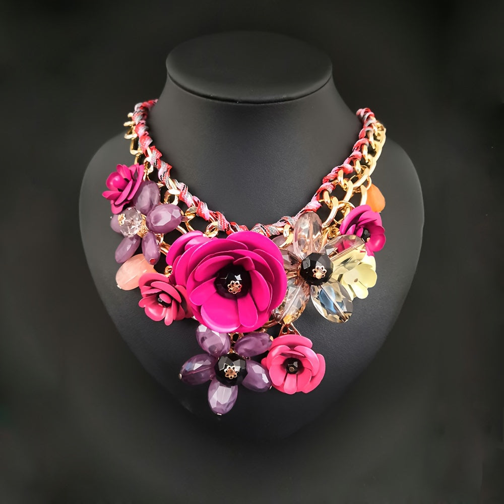 Women’s Metal Collarbone Chain Necklace with Floral Design and Crystal Pendant