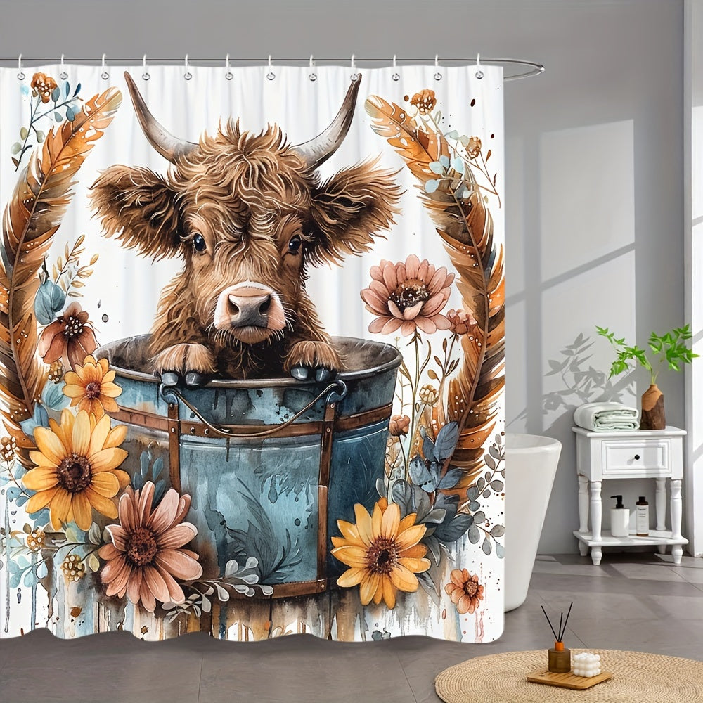 Qishloq uslubidagi Highland sigirining quyosh gullari, romashka va eukalipt dizayni bilan bezatilgan dush pardasi. Teshiklar bilan birga keladigan zamonaviy hammom ekrani. Suv o'tkazmaydigan mato, 179.83x179.83 sm. Uy hammom bezaklari uchun mukammal.