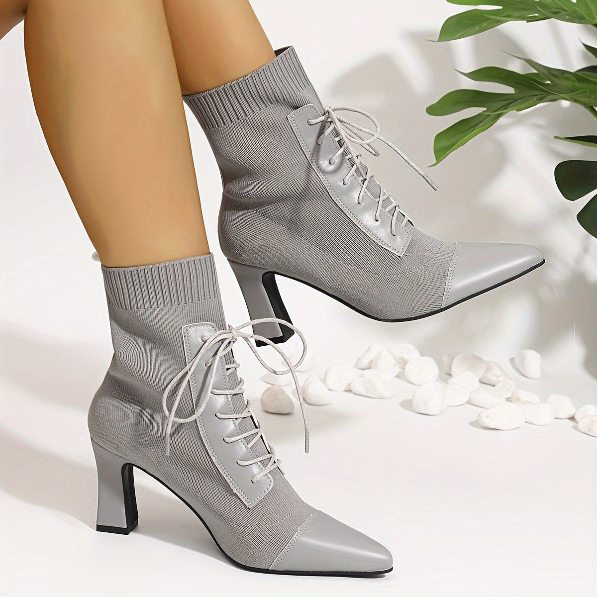 Women's Grey Ankle Boots with Pointed Toes and Chunky Heels