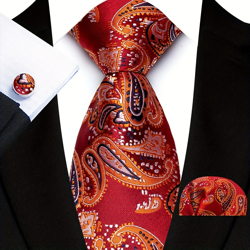 Men's Gold Paisley Three-Piece Suit Set with Tie and Pocket Square