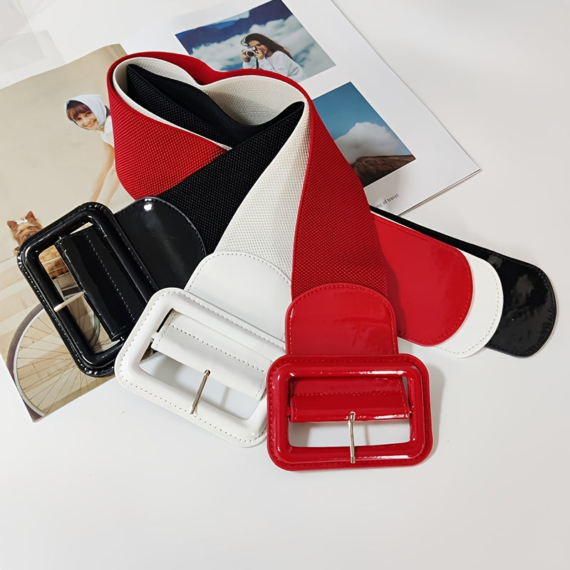 Women's Colorful Candy-Hued Wide Belts with Square Pin Buckle and Decorative Accents