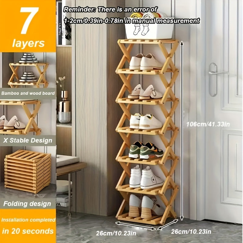 Bamboo Foldable Shoe Rack with Multiple Shelves Entryway Organizer