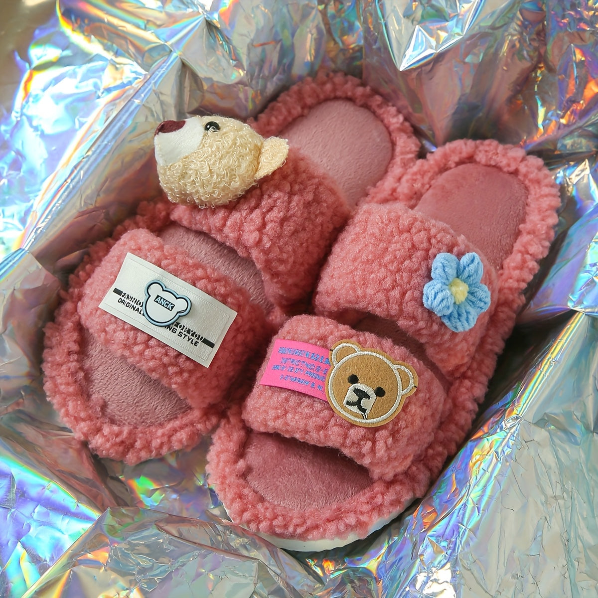 Women's Plush Cartoon Bear Slippers EVA Lightweight Open-Toe Indoor Shoes Black