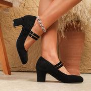 Women Vintage Mary Jane Chunky Heel Pumps Black Fabric Shoes