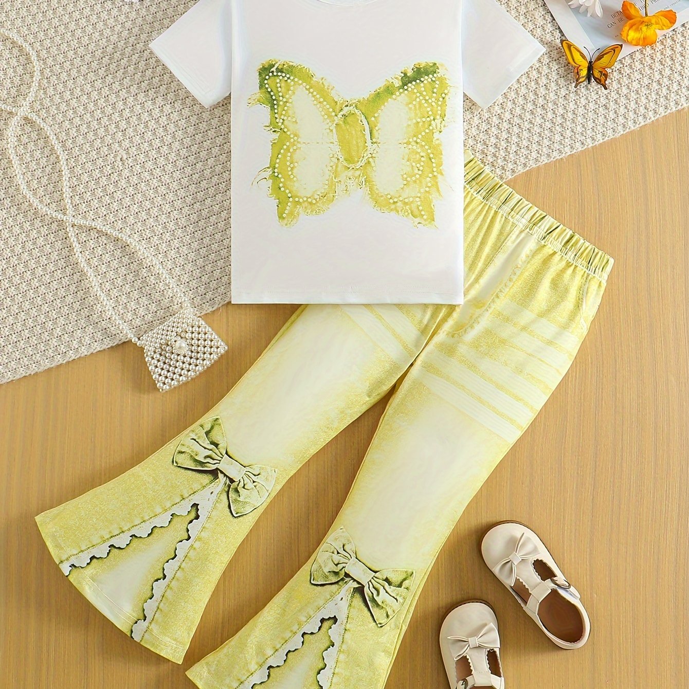 Kids' Casual Set Short Sleeve Top and Split Denim Micro Bell Pants Polyester Animal Pattern