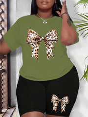 Plus Size Women's Leopard Print Bowknot Casual Sportswear Set