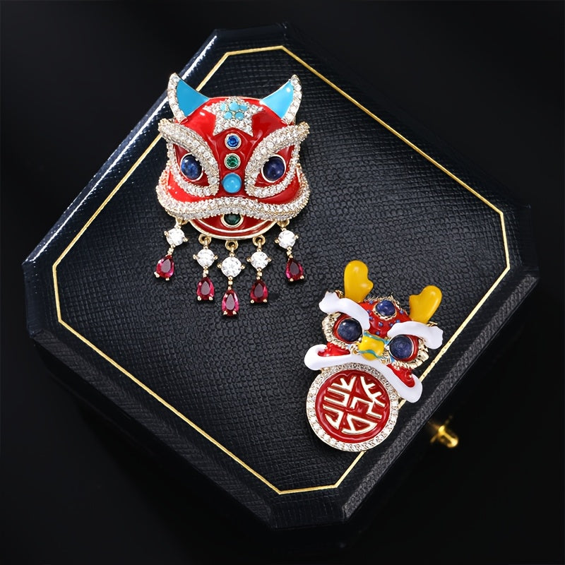 Vintage Chinese Lion Brooch with Glass Rhinestones Animal Lapel Pin Jewelry