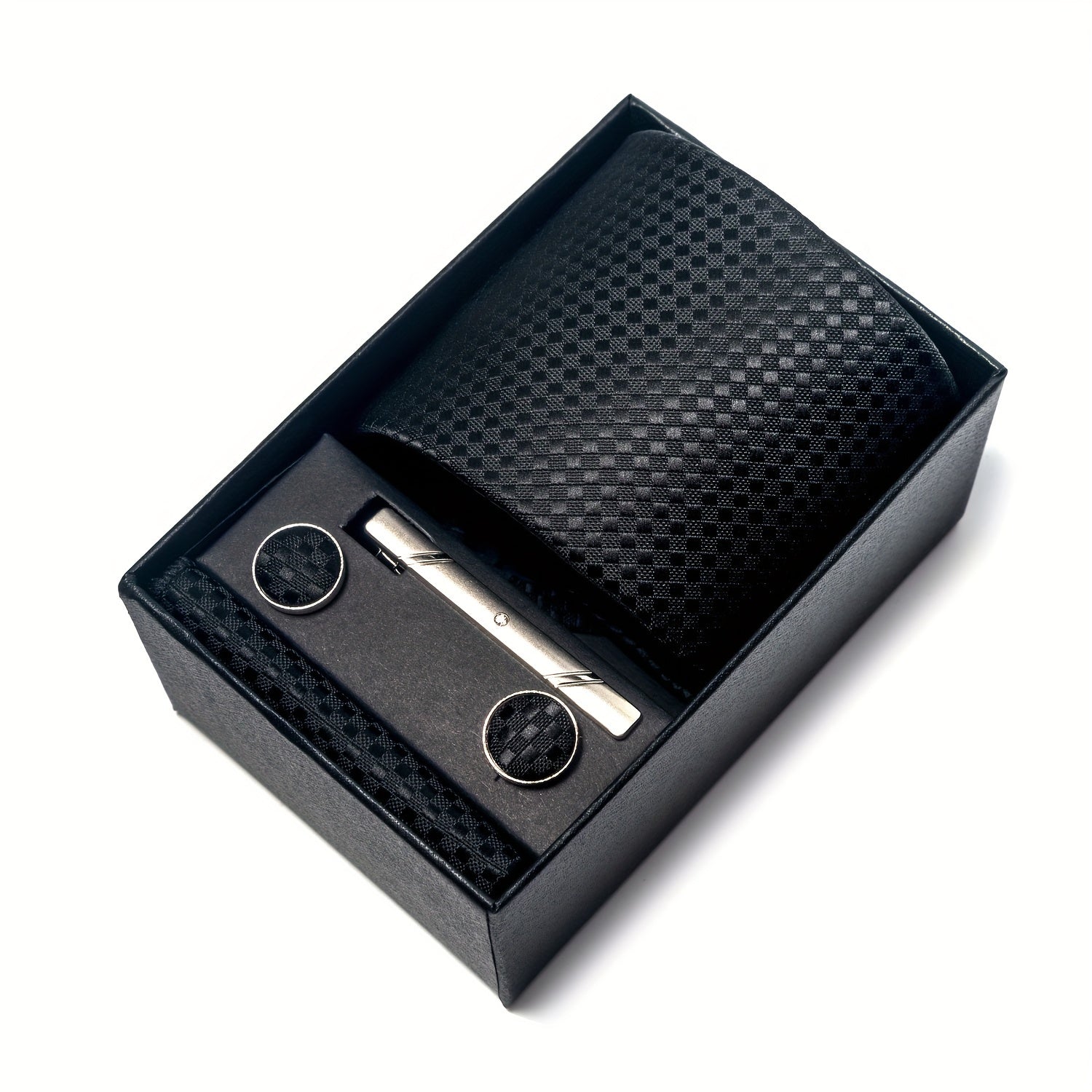 Men's Solid Color Tie Set with Square Cufflinks Gift Box for Wedding Business and Holiday