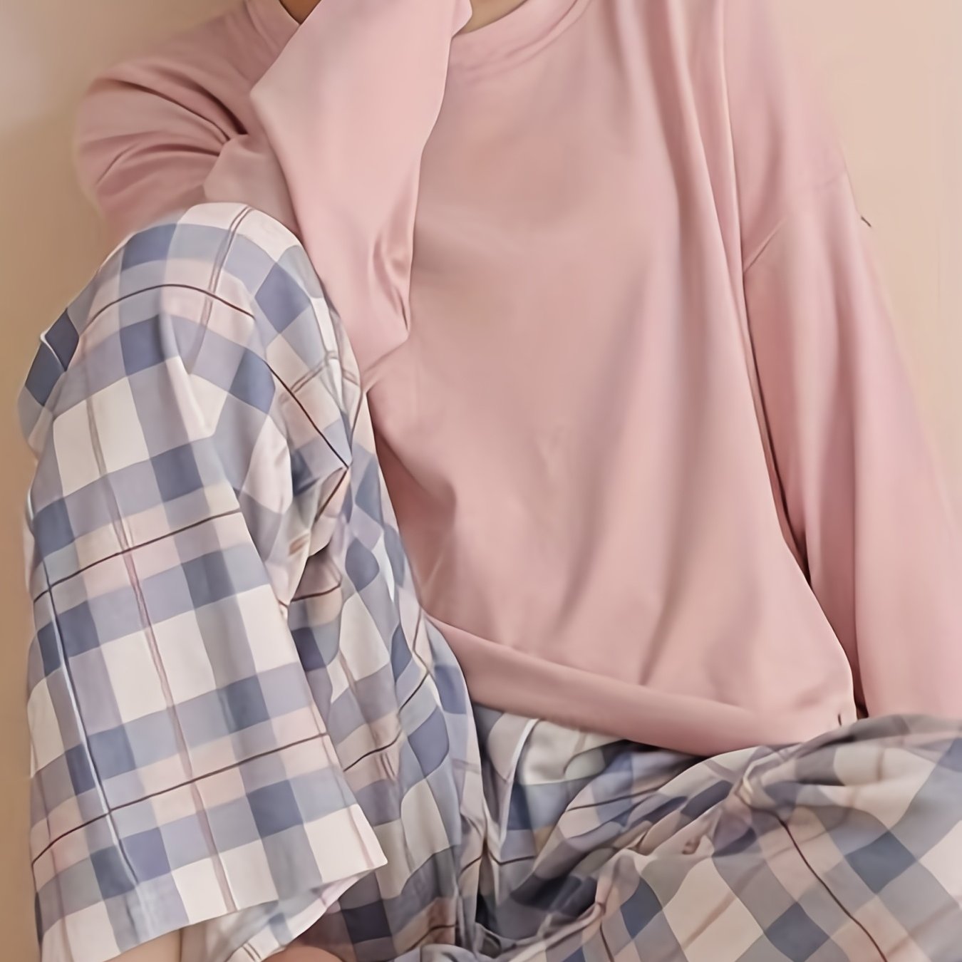 Teen Plaid Long Sleeve Pajama Set for Spring and Fall Polyester Casual Home Wear