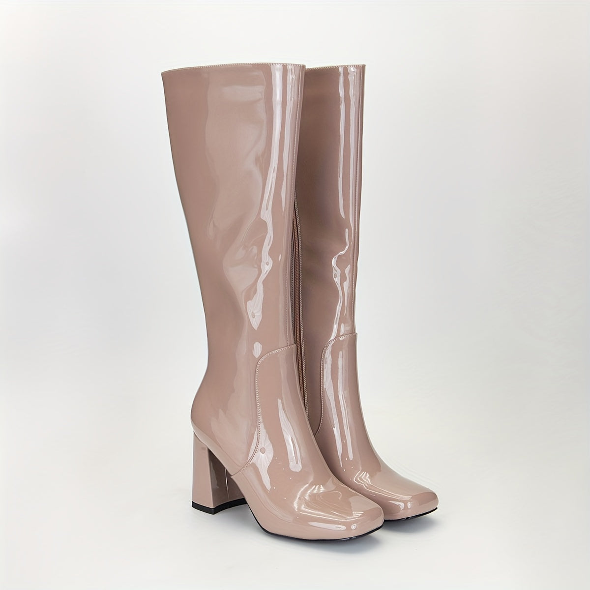 Women’s Patent Mirror High Knee High Boots With Zipper Square Toe Block Heel