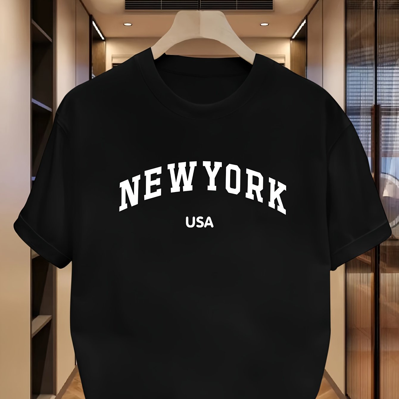 Camiseta de manga corta casual de verano para hombre con estampado de Nueva York, EE. UU., poliéster, elastano, ligero estiramiento, corte regular