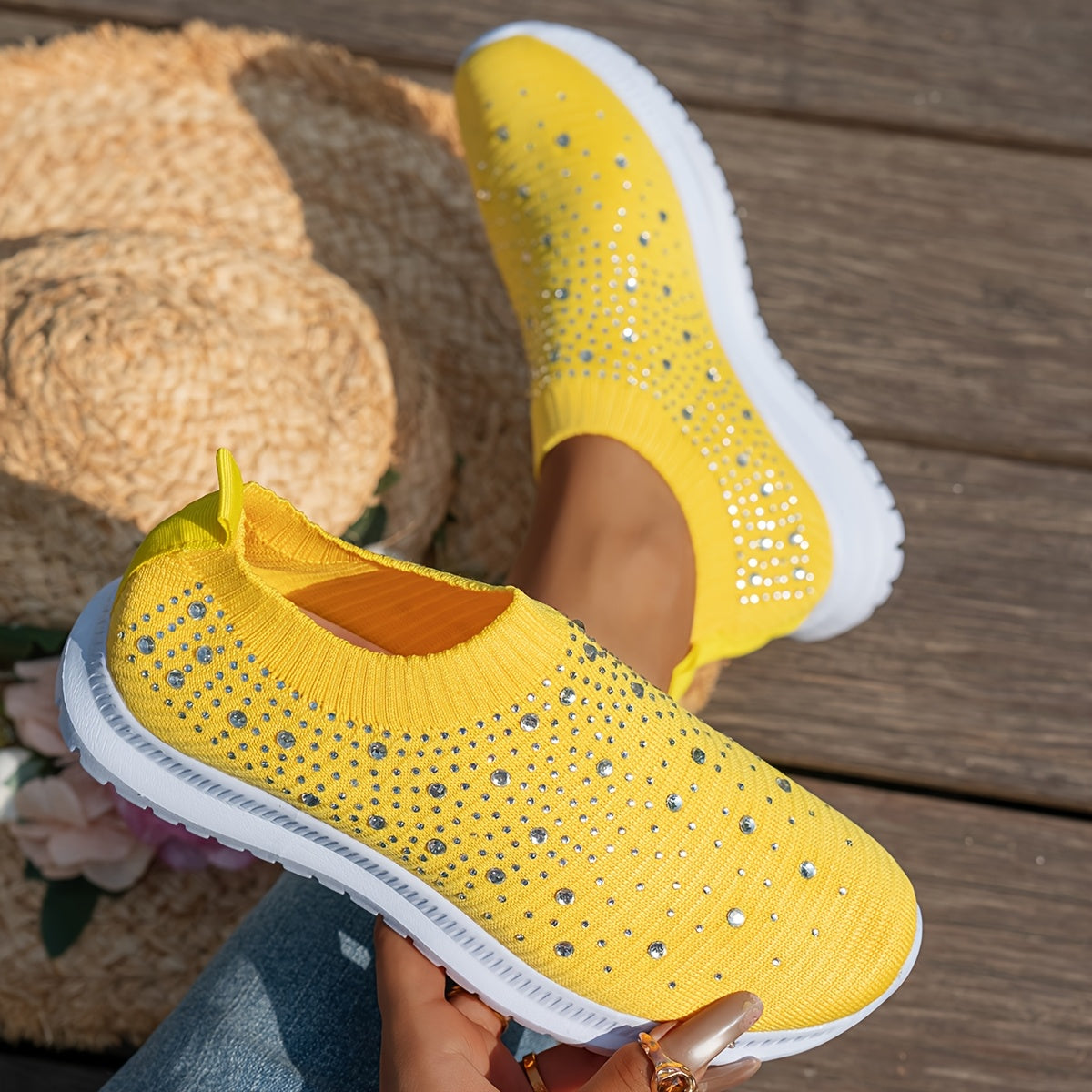 Women's Breathable Slip-On Casual Sneakers with Sparkling Crystal Accents