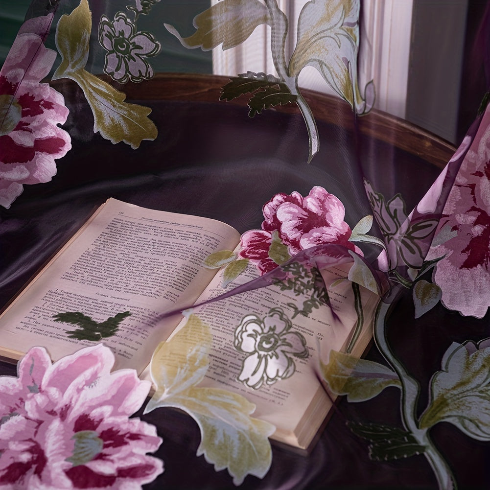 Small Translucent Curtain with Purple Flower Print for Living Room Bedroom Kitchen Bathroom