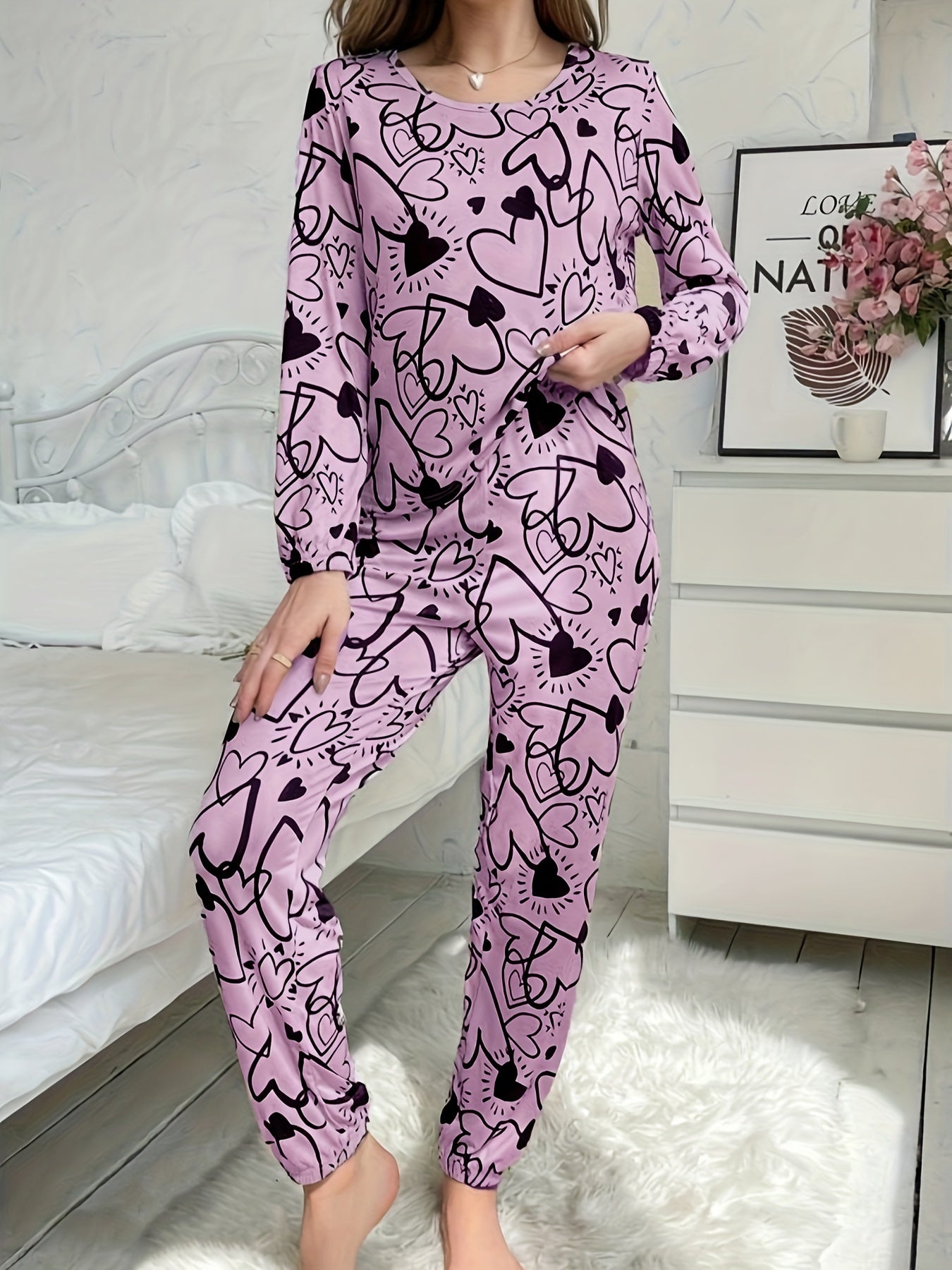 Women's Heart Print Lounge Set Long Sleeve Crew Neck Pajama Set Elastic Waist Pants for Sleepwear