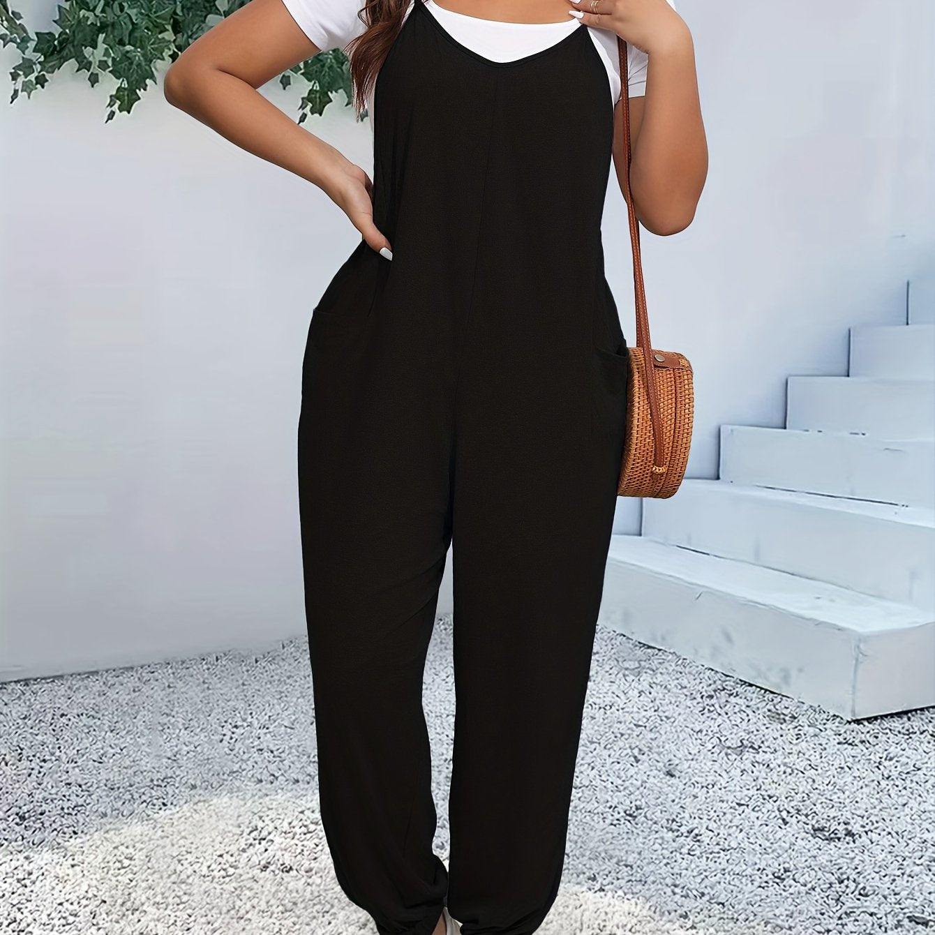 Plus Size Casual V-Neck Jumpsuit with Pockets Polyester Knit Spring Summer Fall