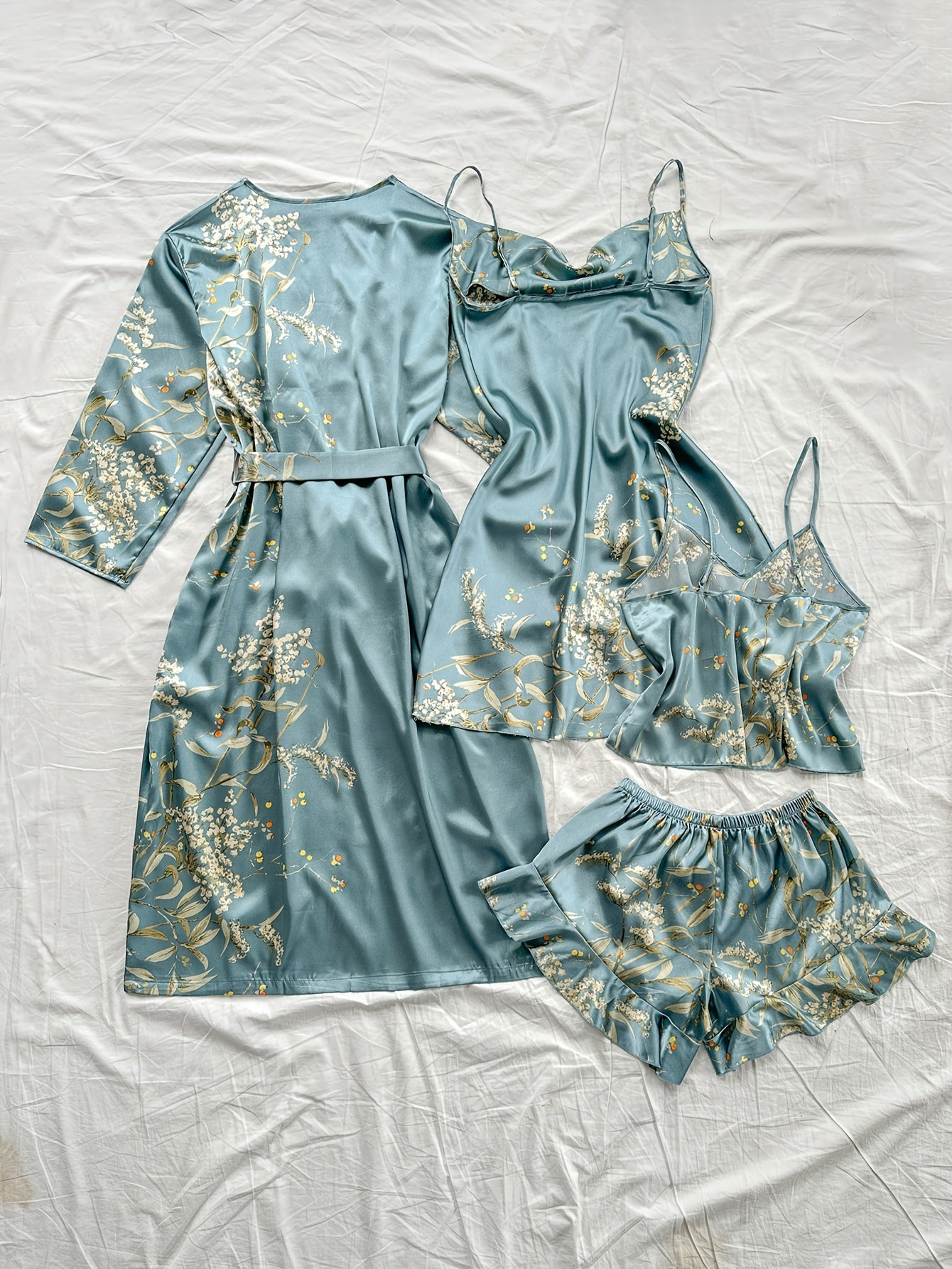 Plus Size Satin Robe Set Women Cherry Blossom Print Long Sleeve Cami Nightgown Shorts