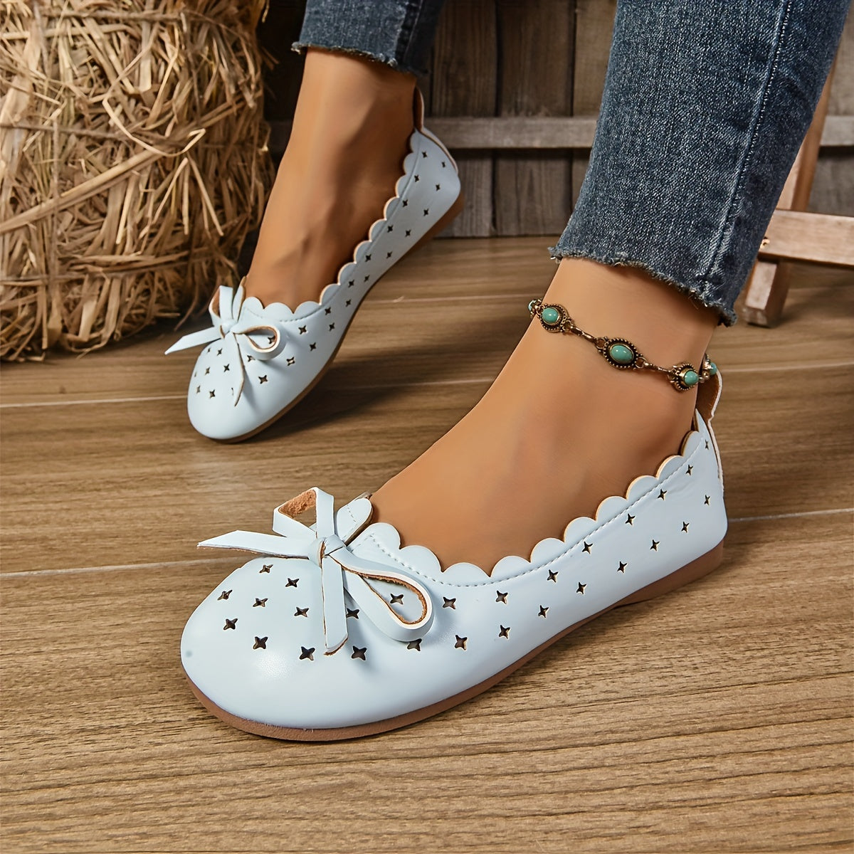 Women's All-Season Ballet Flats Breathable Slip-On Shoes with Bow Accents