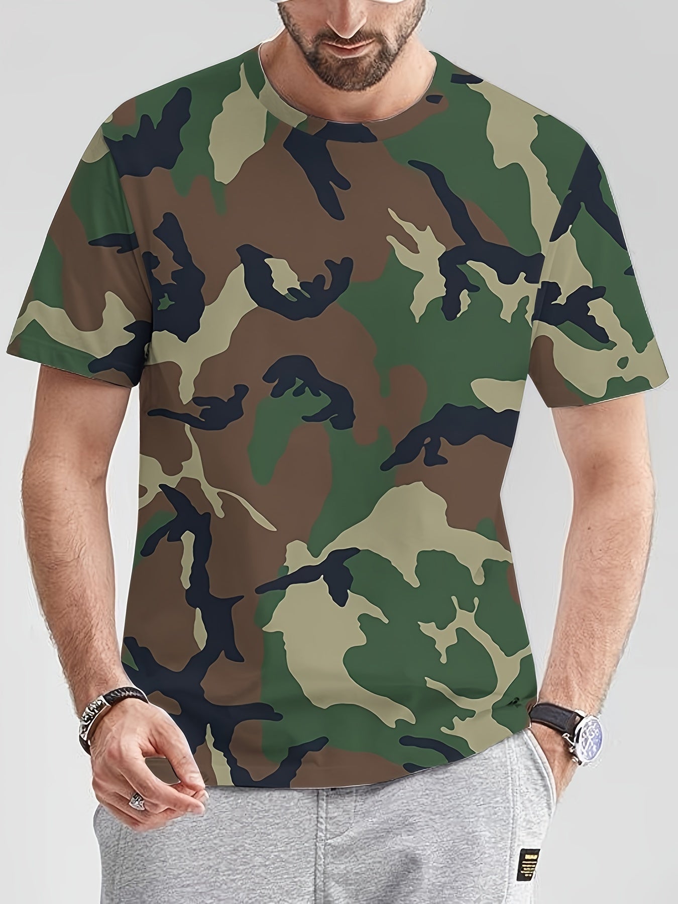 Men's Camo Print Summer Shirt Short Sleeve Breathable Polyester Casual Round Neck