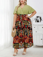 Plus Size Women's Ethnic Print Strappy Waist Dress Summer Fashion