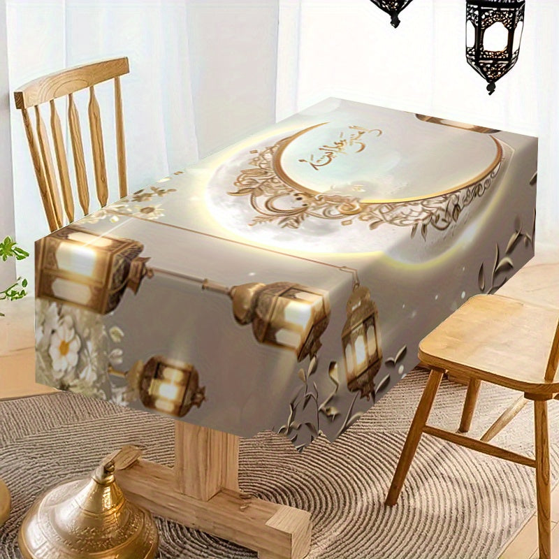 Eid Al Fitr Polyester Square Waterproof Stain-Resistant Tablecloth with Golden Moon and Lantern Pattern