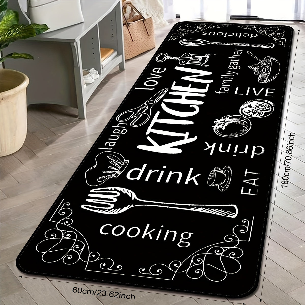 Black Kitchen Floor Mat Non-Slip Washable with Cooking and Dining Themes for Doorways Laundry Bathroom