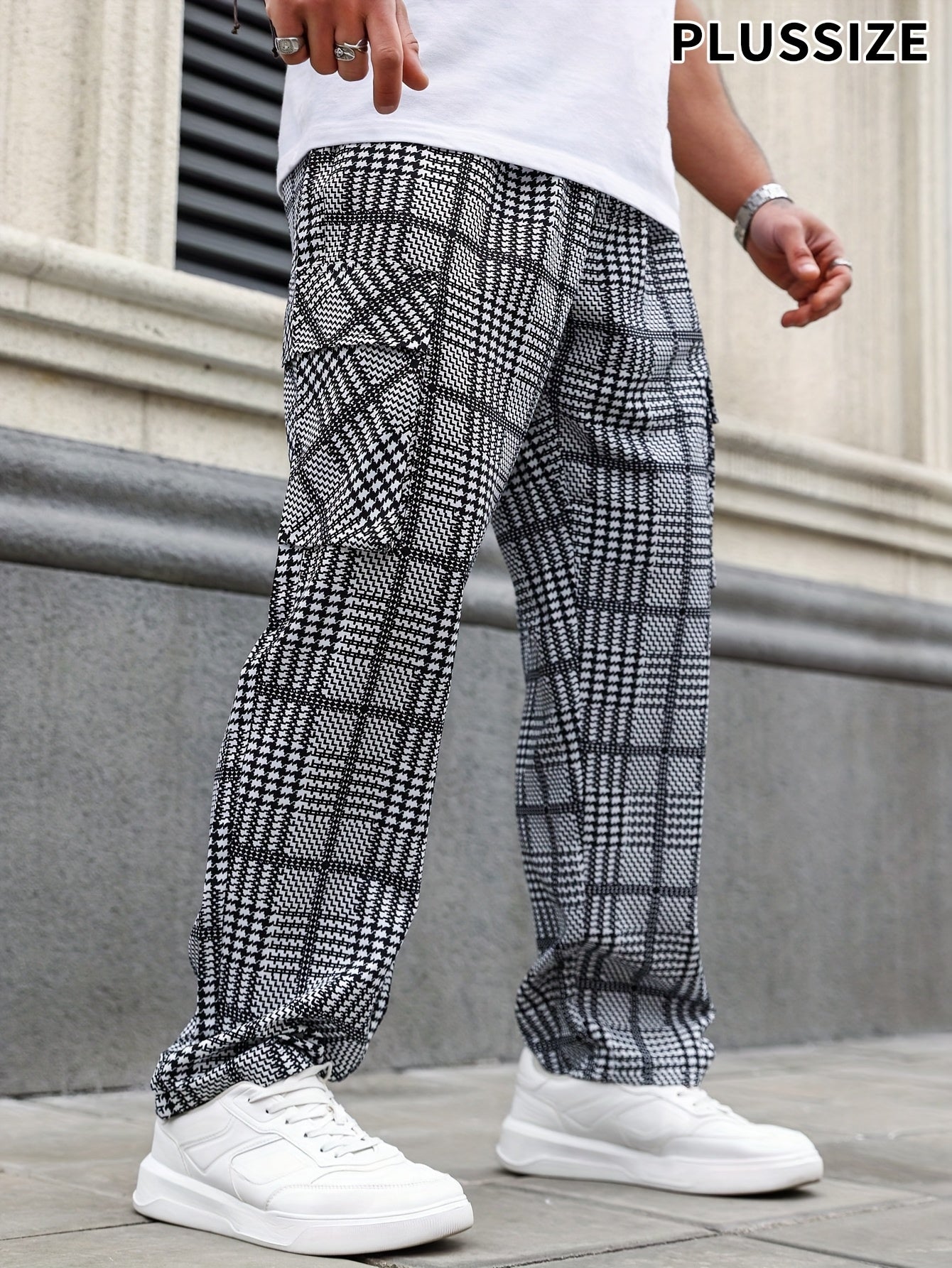 Men's Plus Size Casual Straight Leg Pants Striped Polyester Loose Fit Street Style